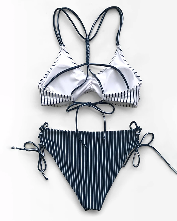 Navy And White Stripe Strappy Lace-up Bikini