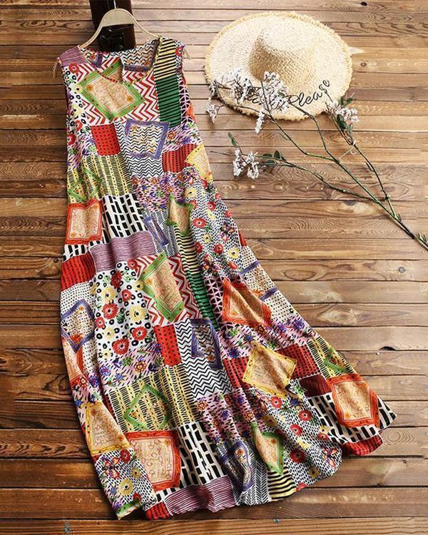 US$ 31.99 - Vintage Print Floral Patch Sleeveless Crew Neck Dress - www ...