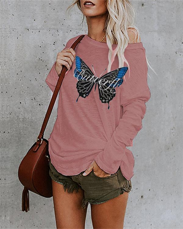 Casual Cotton-Blend Shift Butterfly Print Shirts & Tops