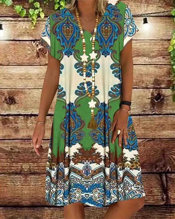 Casual V Neck Printed Women Dresses