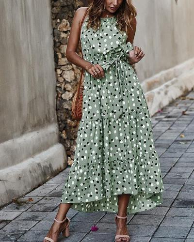 Polka Dot Frilled Front Collar Halter Neck Lace-up Holiday Maxi Dresses