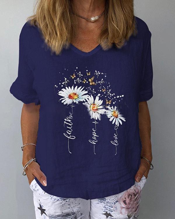 Floral V-Neckline Half Sleeve Casual T-shirts