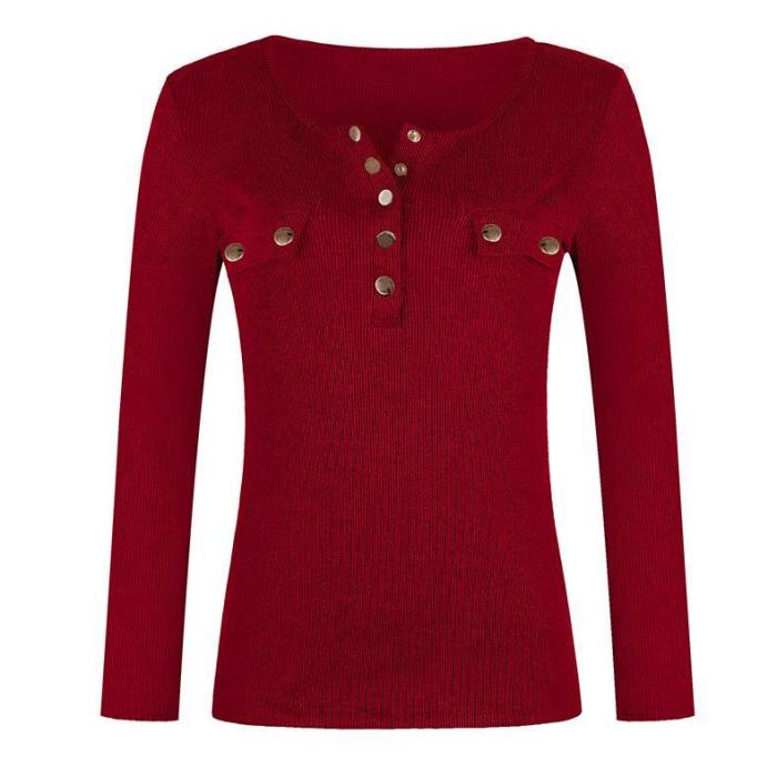 Solid Color Knitted Button Blouse