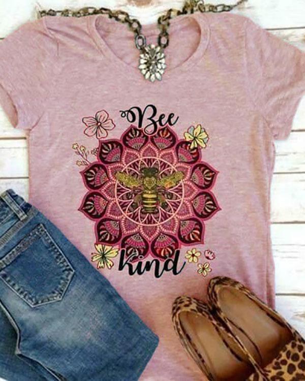 Women Short Sleeves Round Collar Top Bee Printed T-shirt