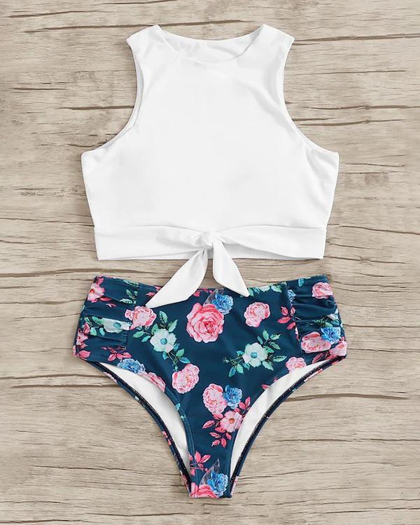 Print Bikini High Waist Split Swimsuit