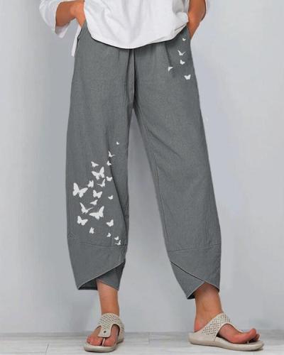 Women Linen Shift Casual Printed Floral Pants