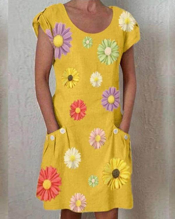 Yellow Short Sleeve Floral-Print Dresses