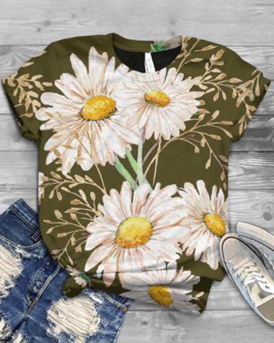 Flower Printed Casual Crew Neck Shirts & Tops