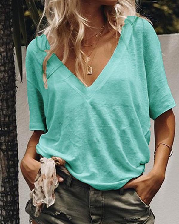 Plus Size Summer V-Neck Short-Sleeved Solid Color Casual T-Shirts Tops