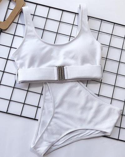 Textured Buckle Front High Waist Bikini Swimsuit