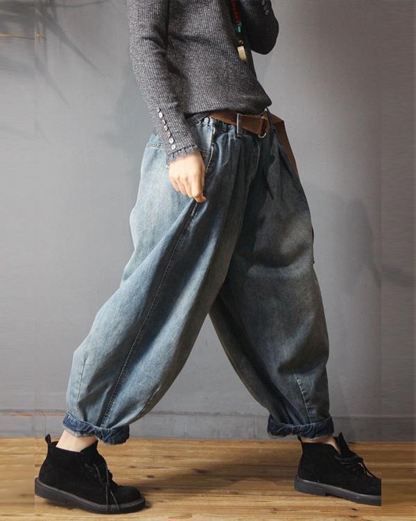 Vintage Denim Loose Elastic Waist Pants