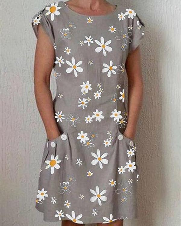 Round Neck Short Sleeve Daisy Printed Casual Dress