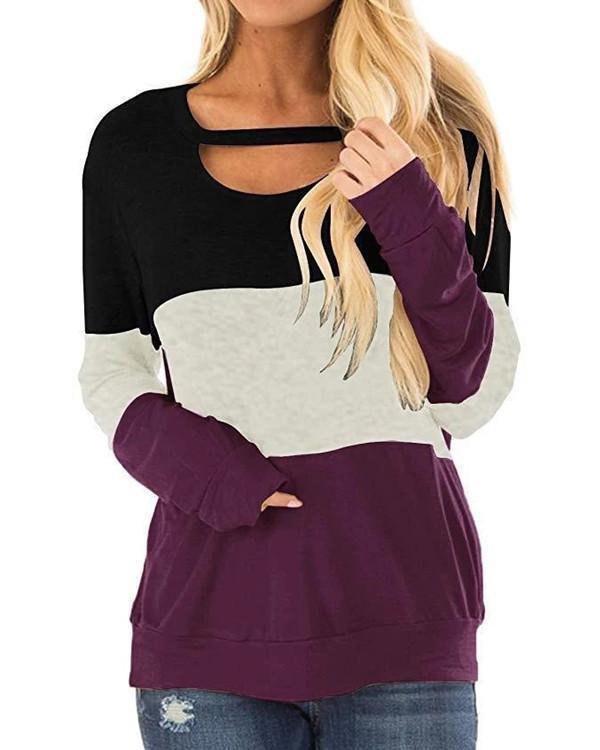Women Long Sleeve Scoop Neck Stitching Casual Top
