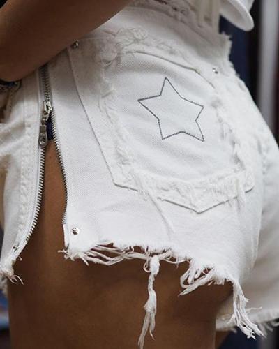 Pocket Star Embroidery Zipper Decor Ripped Shorts Jeans