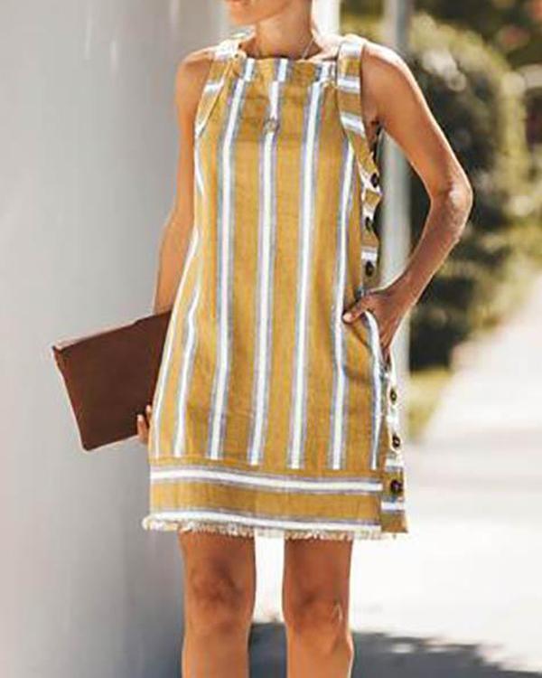 Summer Sleeveless Vacation Striped Button Mini Dress