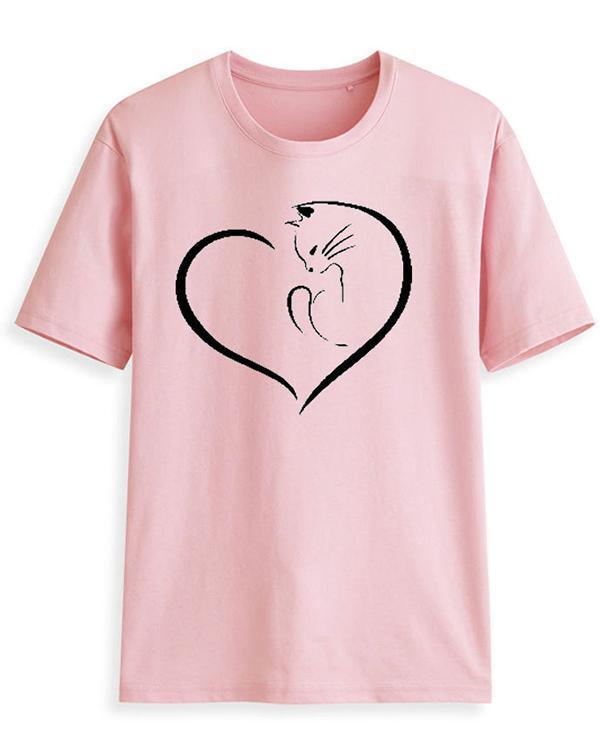 Round Neck Cat Print Sleeve T-shirt