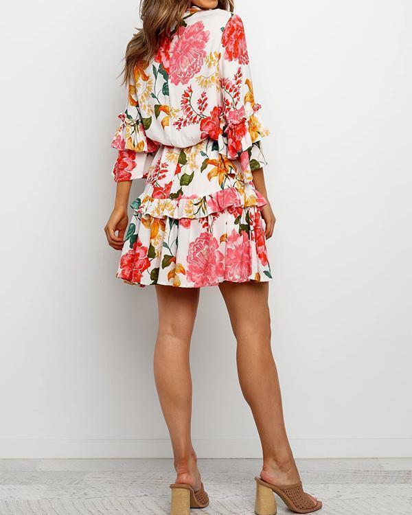 Flounce Lace-Up Floral Print Mini Dress