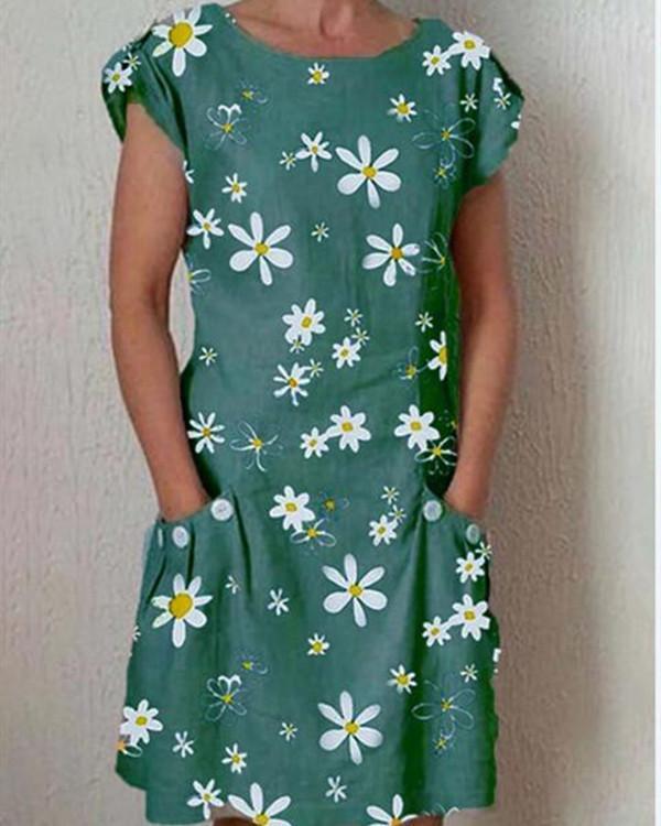 Round Neck Short Sleeve Daisy Printed Casual Dress