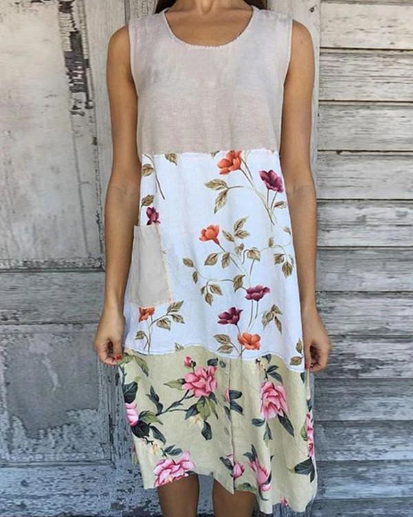 Color-block Floral Print Sleeveless Paneled Vintage Midi Dress