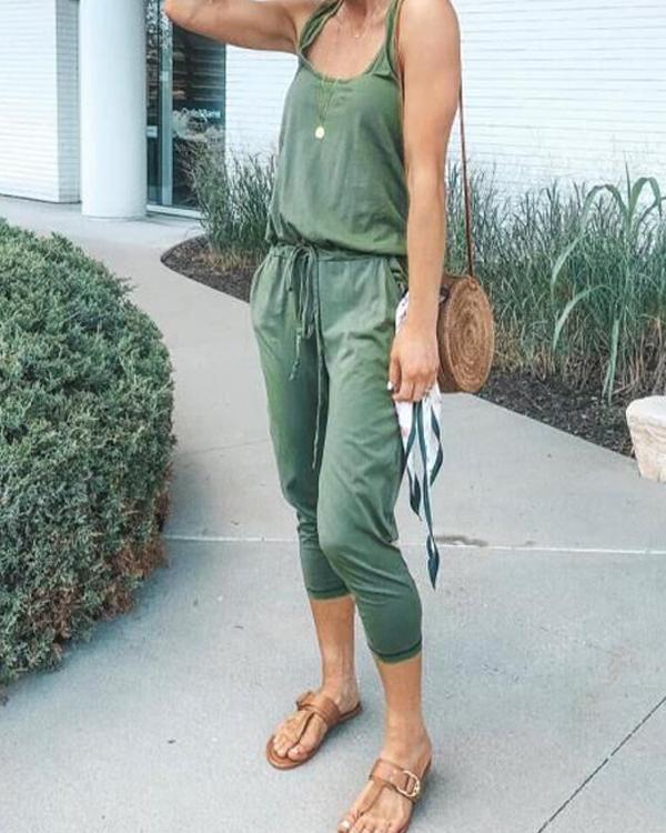 Summer Casual Lace-Up Sleeveless Solid Jumpsuit