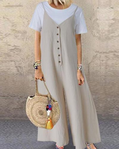 Solid Round Neck Short Sleeves Casual Vacation Jumpsuit