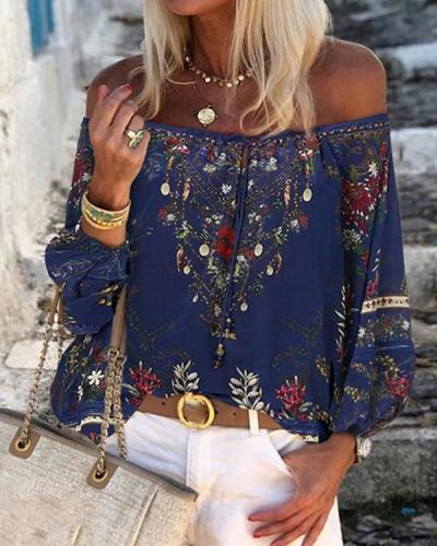 Print Off the Shoulder Long Sleeves Casual Blouses