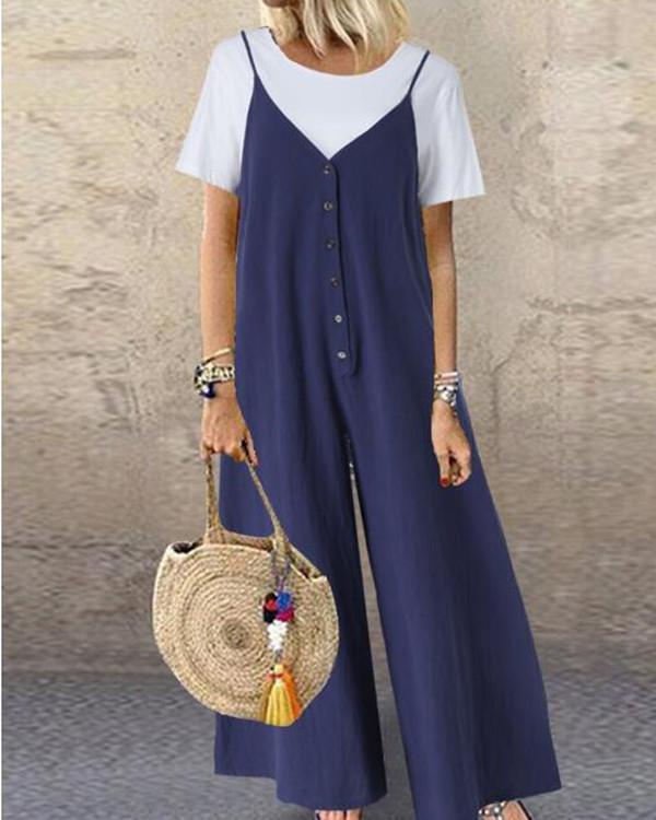 Solid Round Neck Short Sleeves Casual Vacation Jumpsuit