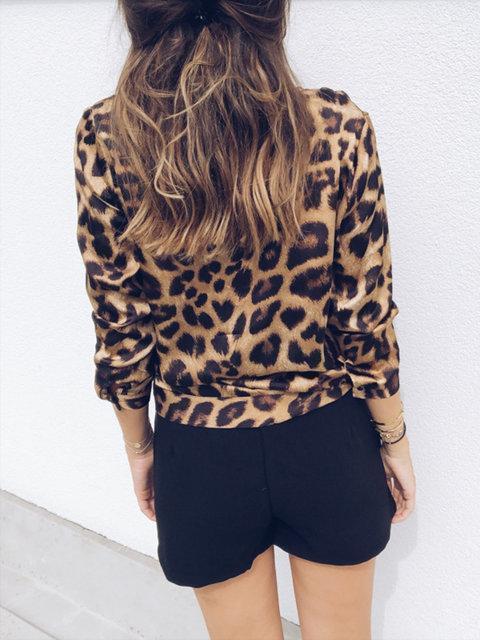 Brown Printed Long Sleeve Leopard Print V neck Blouse