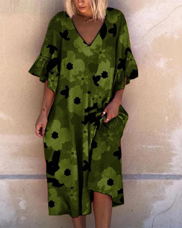 Printed Leaf Sleeve Casual Midi Dress