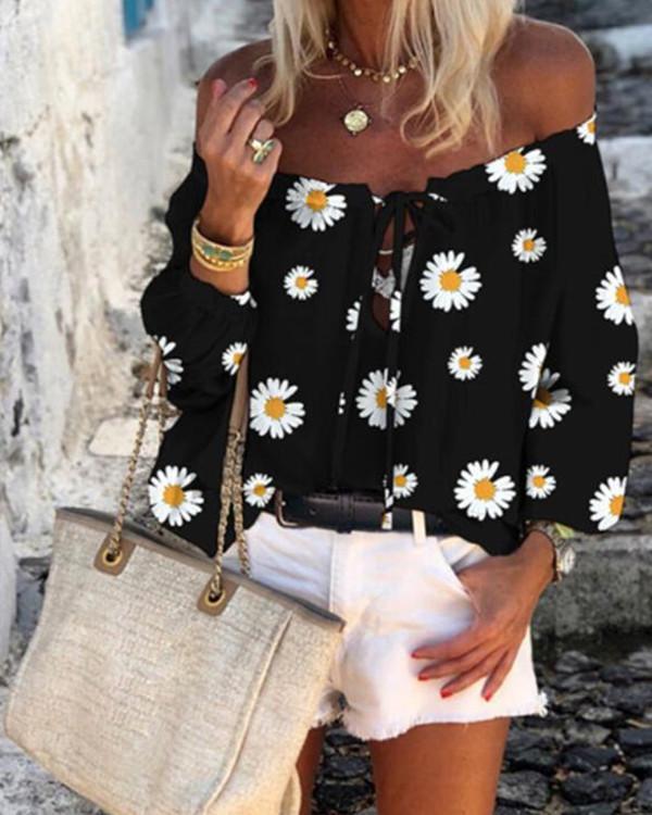Print Floral Off the Shoulder 3/4 Sleeves Casual Blouses