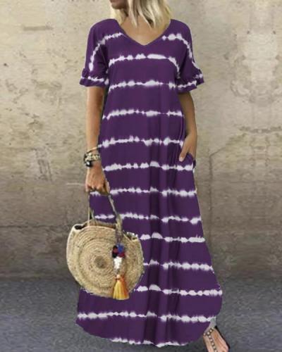 V-Neck Ruffle Sleeve Striped Printed Maxi Dress