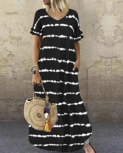 V-Neck Ruffle Sleeve Striped Printed Maxi Dress