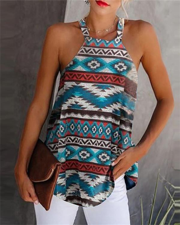 Printed Crew Neck Sleeveless Tank Tops