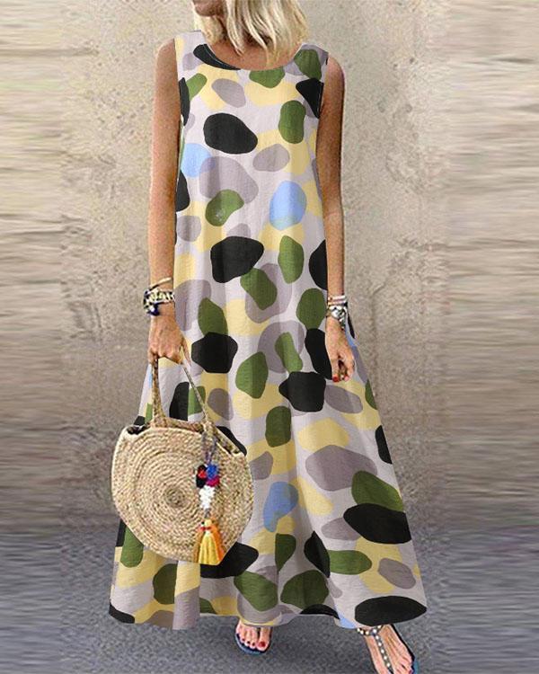 Womens Casual Loose Printed Round-Neck Sleeveless Long Dress