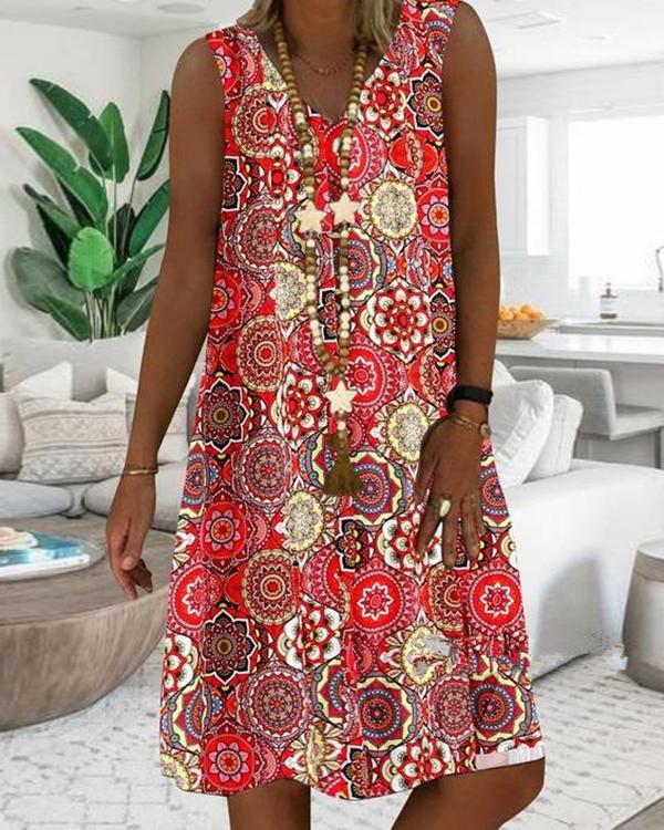 Vintage Printed V-neck Sleeveless Midi Dress