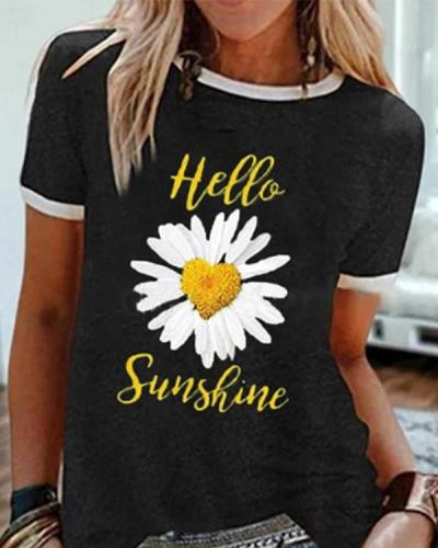 Loose Daisy Print Round Neck Short Sleeve T-shirt