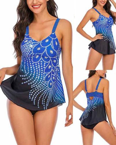 Feather Print Split Plus Size Tankini Swimsuit