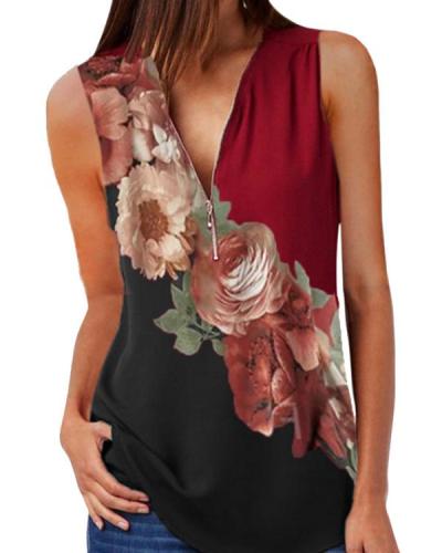 Floral Print V-neck Zipper Top Vest