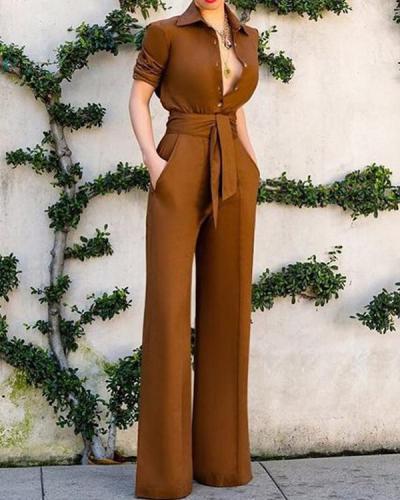 Sexy Turndown Collar Pure Colour Long Sleeve Jumpsuit