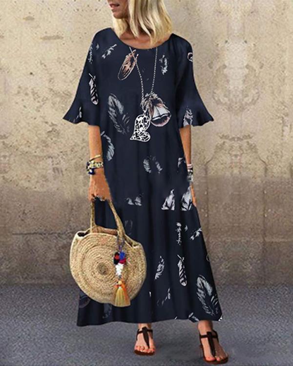 Loose Retro Feather Print Round Neck Short Sleeve Long Dress