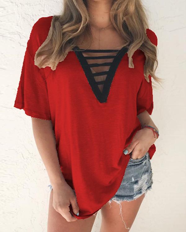 Women Hollow Out V-Neck Casual Blouse