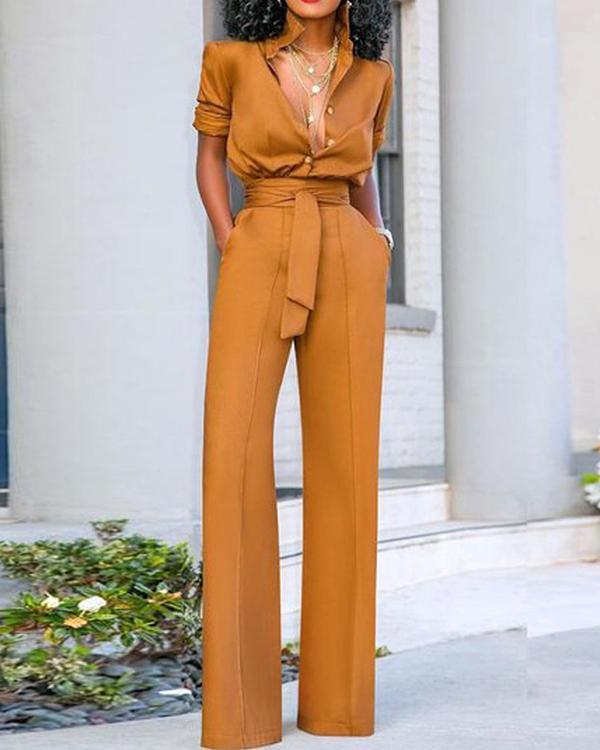Sexy Turndown Collar Pure Colour Long Sleeve Jumpsuit