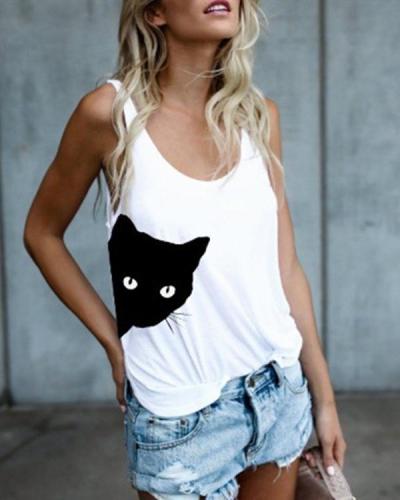 Women Cat Printed Crew Neck Sleeveless Tanks Tops