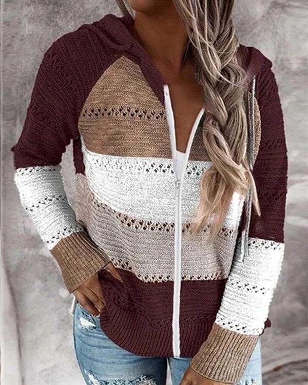 Contrast Color Knitted Zipper Lightweight Hoodie Cardigan