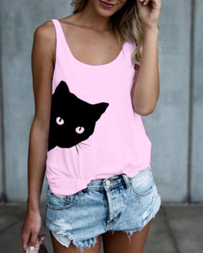 Women Cat Printed Crew Neck Sleeveless Tanks Tops