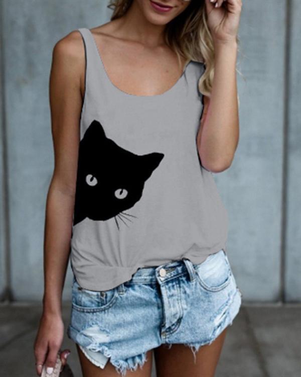 Women Cat Printed Crew Neck Sleeveless Tanks Tops