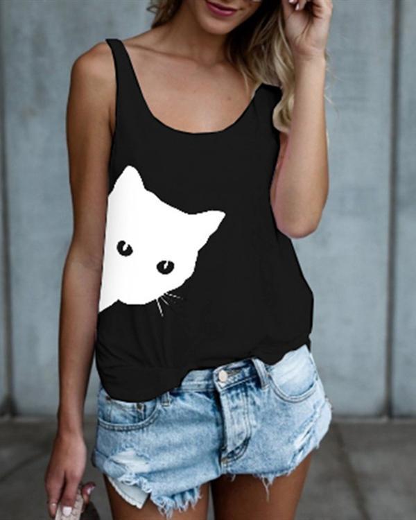 Women Cat Printed Crew Neck Sleeveless Tanks Tops