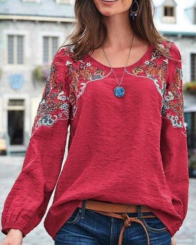 Vintage Embroidery Floral Long Sleeve Casual Blouse