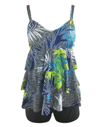 Leaf Print Feminine Layered Tankini Swimsuit