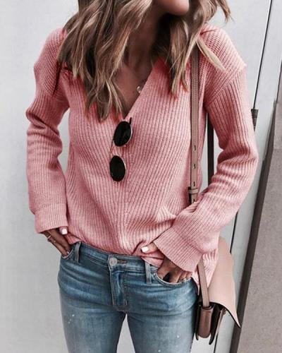 V-neck Solid Long Sleeve Sweater